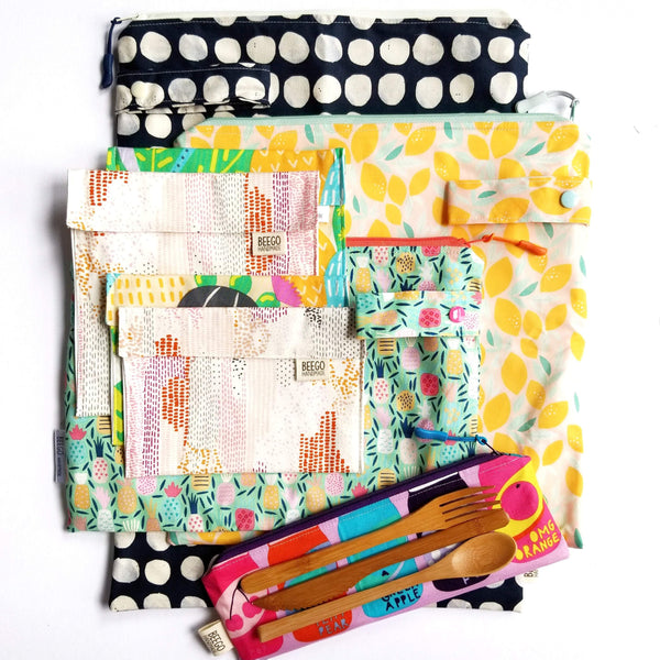 Extra Large Starter Kit - 2 Snack & Sandwich Bags, Cutlery Pouch, 3 Wet Bags